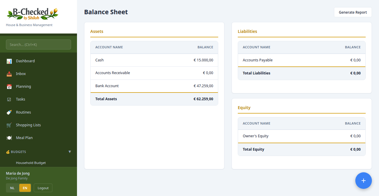 Balance sheet report