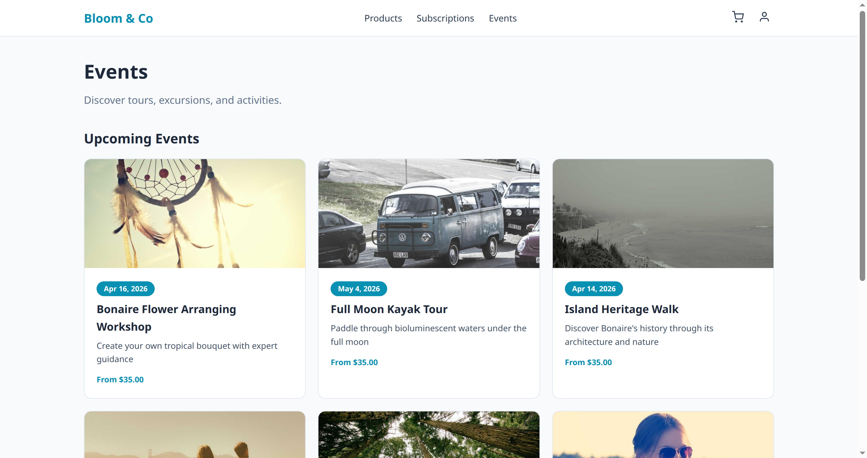 Customer-facing events page with images