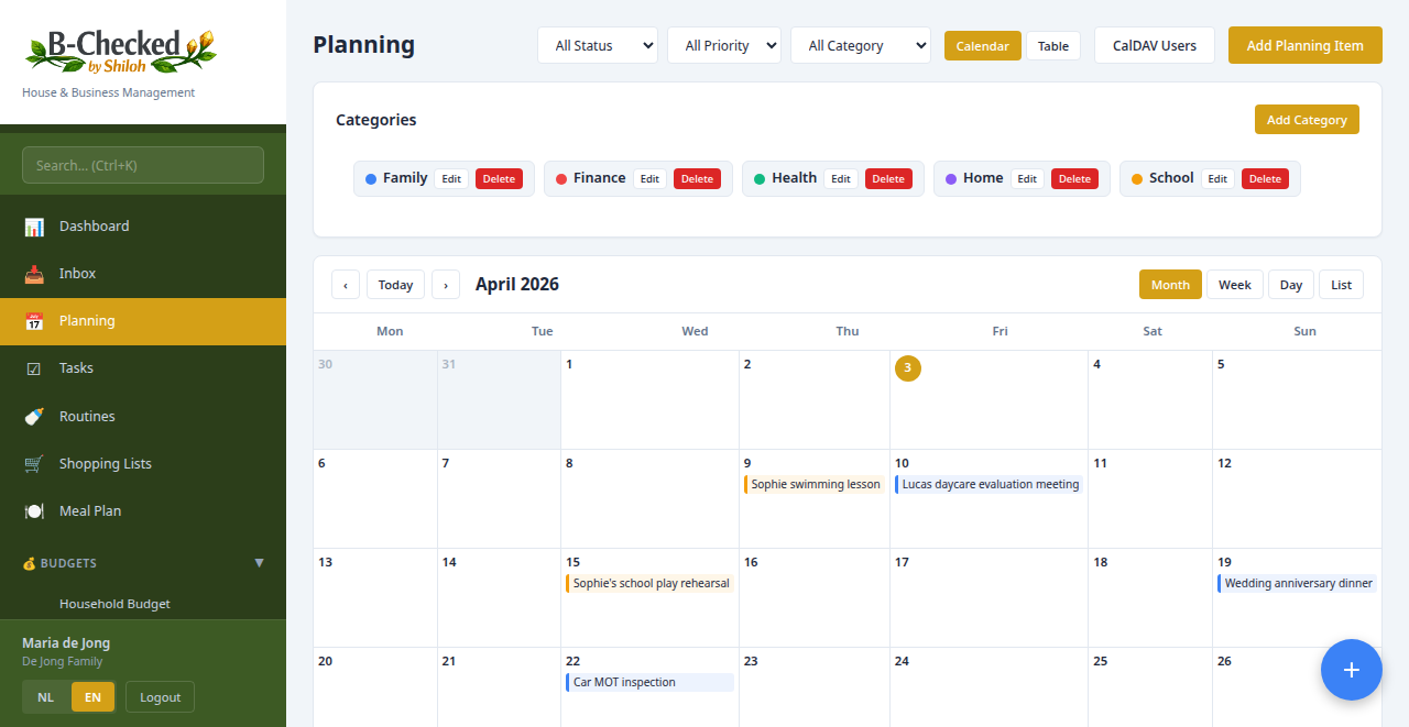 Planning calendar with events