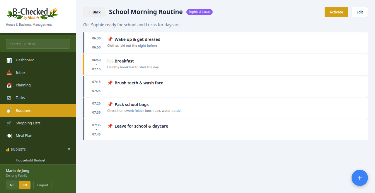 Morning routine detail with time slots
